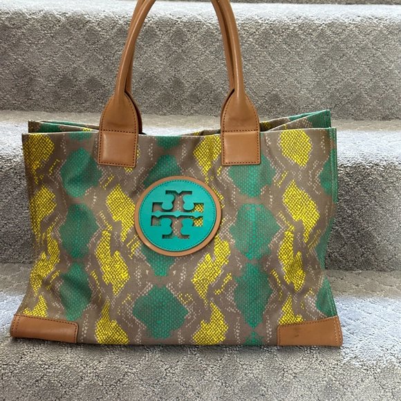 EUC Tory Burch Lime and Teal Snakeskin-Print Vegan Leather Tote Bag - Picture 2 of 6